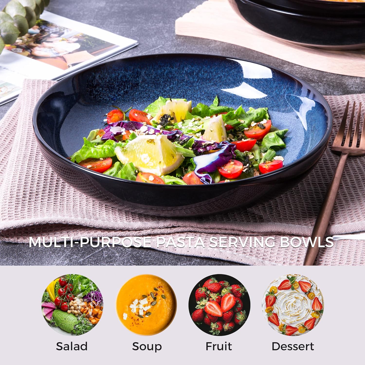 LERATIO Large Pasta Bowls,38oz Ceramic Pasta Bowls,9.0" Reactive Glaze Pasta Bowl Set of 6,Microwave & Dishwasher,Oven Safe,Wide Serving Bowls for Salad,Pasta,Fruit,Scratch Resistant-Blue