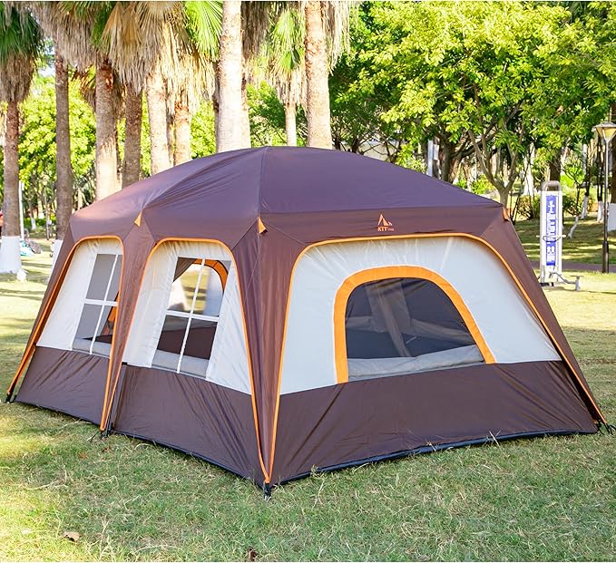 KTT Extra Large Tent 10-12-14 Person(A),Family Cabin Tents,2 Rooms,3 Doors and 3 Windows with Mesh,Straight Wall,Waterproof,Double Layer,Big Tent for Outdoor,Picnic,Camping,Family Gathering