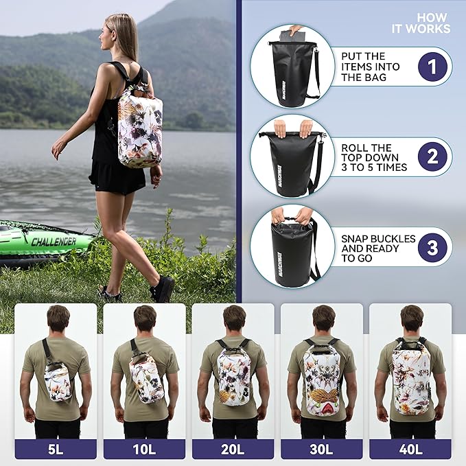 MARCHWAY Floating Waterproof Dry Bag Backpack 5L/10L/20L/30L/40L, Roll Top Sack Keeps Gear Dry for Kayaking, Rafting, Boating, Swimming, Camping, Hiking, Beach, Fishing