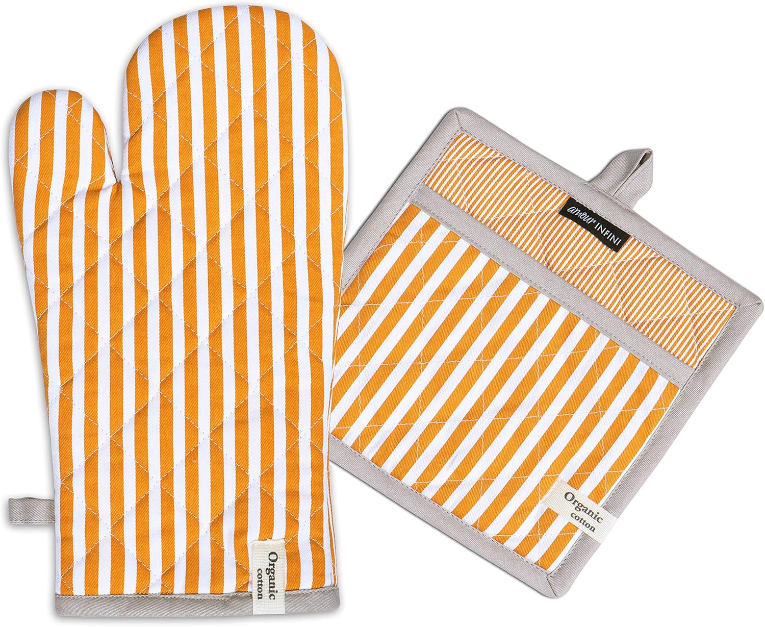 AMOUR INFINI Striped Pot Holders and Oven Mitts Heat Resistant Non Slip Reusable Set of 1 Oven Mitt and 1 Pot Holder Oven Gloves Pot Holder for Cooking (Yelllow)