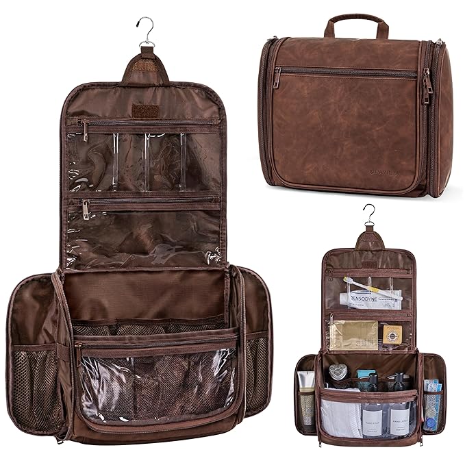 PAVILIA Large Hanging Toiletry Bag Travel Bag Women Men, PU Leather Cosmetic Organizer, Water Resistant Makeup Bag Accessories Toiletries, Travel Essentials Kit, Brown