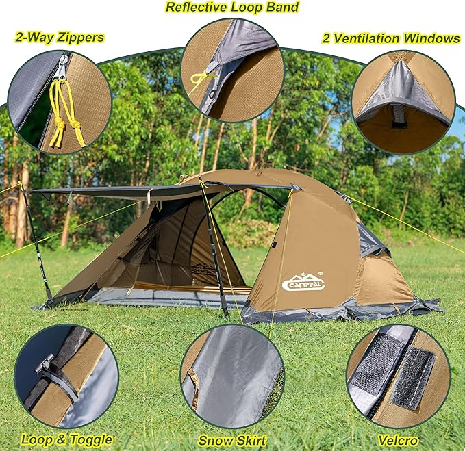 1 Person Backpacking Tent, Waterproof 4 Season Tent, Lightweight Cold Weather Tent Easy Setup for Winter Hiking, Camping, Hunting