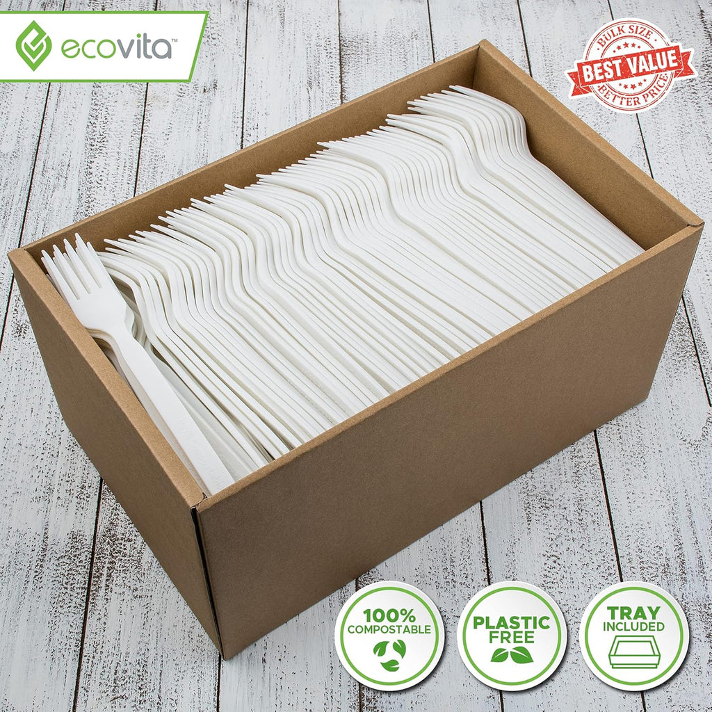 100% Compostable Forks - 500 Large Disposable Utensils (7 in.) Bulk Size Eco Friendly Durable and Heat Resistant Alternative to Plastic Forks with Convenient Tray