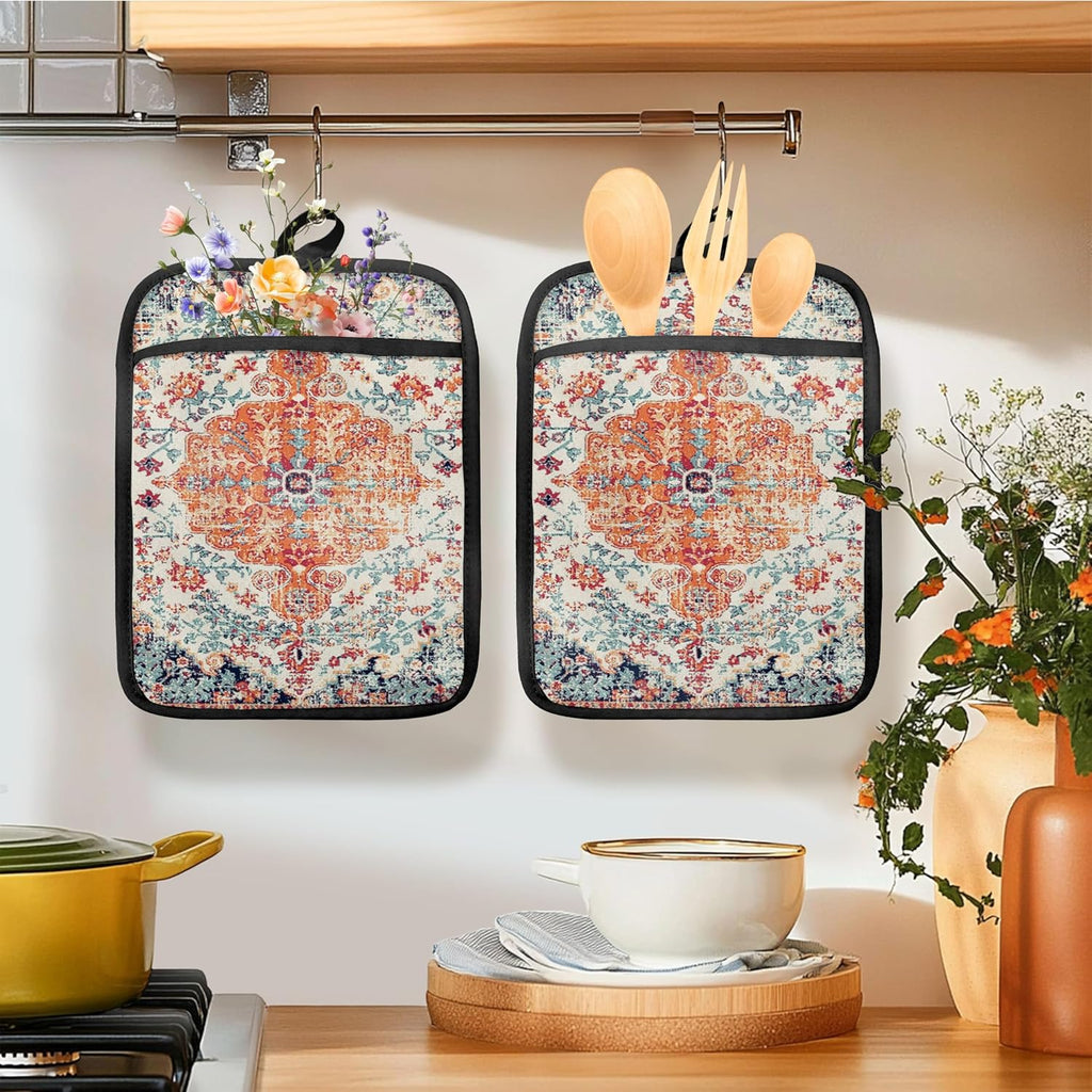 Rustic Vintage Boho Pot Holders for Kitchen, Abstract Orange Blue Boho Ethnic Floral Botanical Heat Resistant Hot Pads and Oven Mitts for Baking Cooking