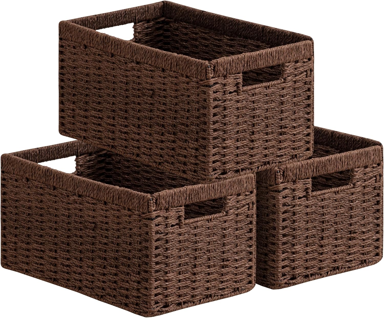 UBBCARE 3 Pack Wicker Basket, 13.4L×8.3H×7.1W inch Woven Paper Rope Storage Baskets for shelves, Foldable Rectangular Storage Baskets with Handle, Storage Basket for Organizing, Dark Brown