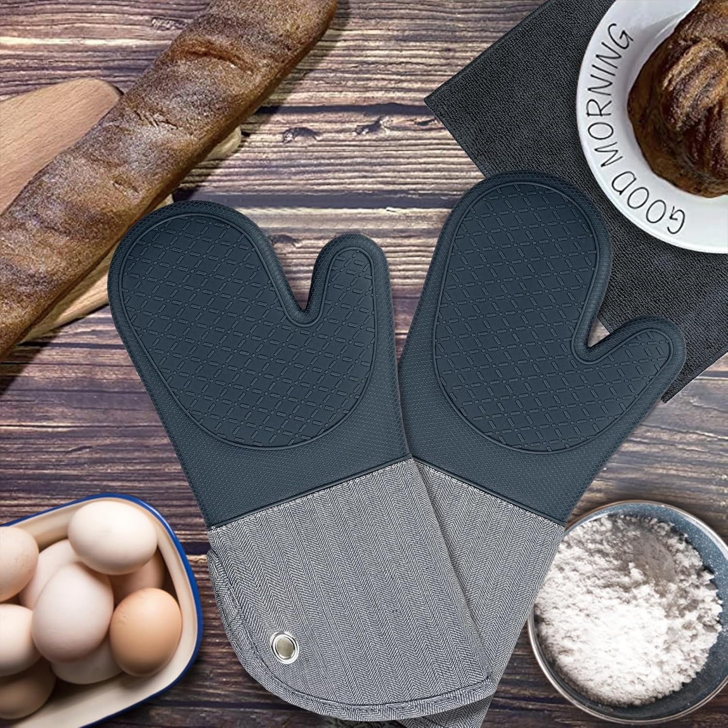 Professional Microwave Silicone Oven Mitts one Pair, Kitchen Mitten Set for Heat Resistant with 500 Degrees, Kitchen Gloves Pot Holder for BBQ Cooking Baking (Gray)