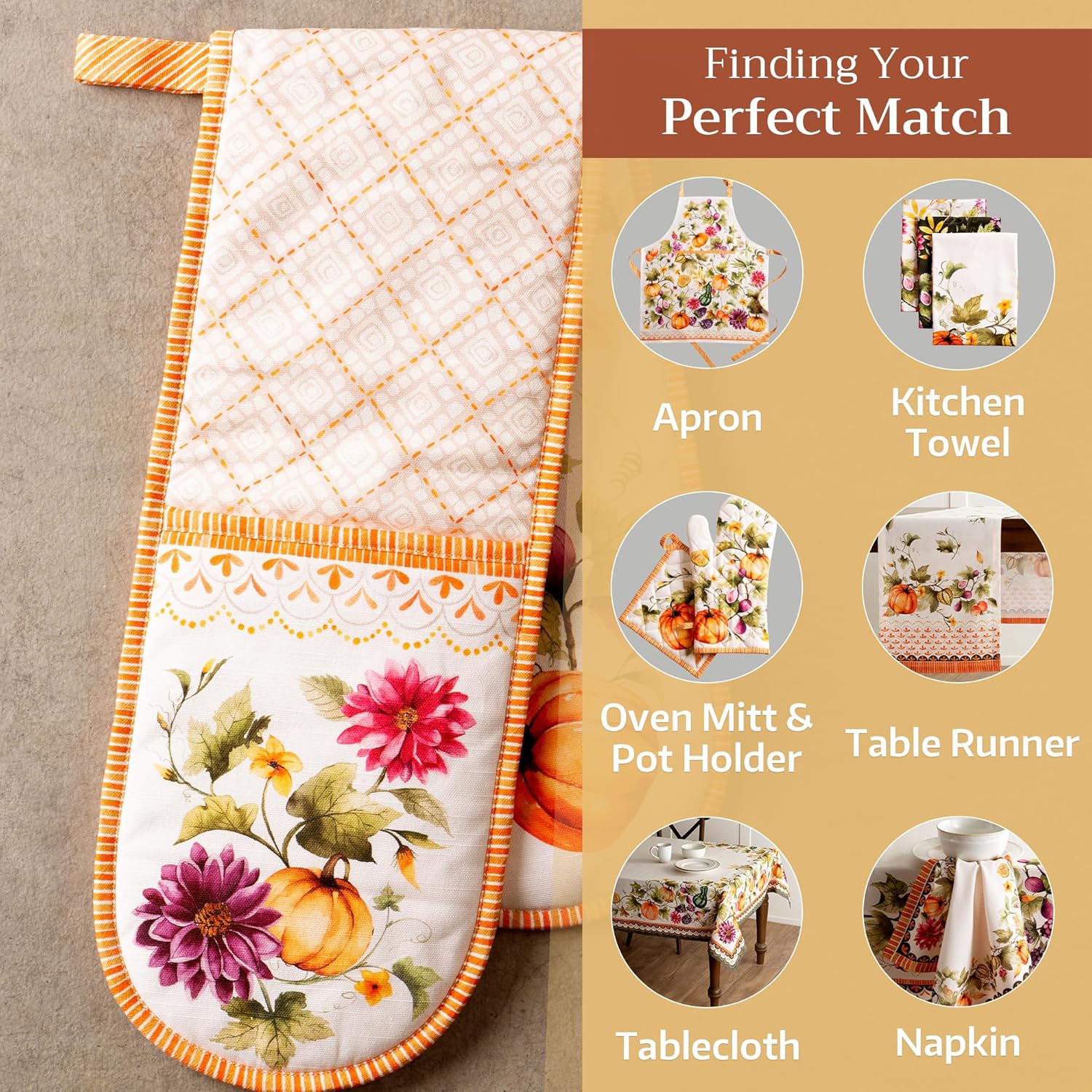 Maison d' Hermine Double Oven Mitts 100% Cotton 7"x35" Double Oven Mitt Heat Resistant BBQ Cooking Gloves with Loop, Baking, Grilling, Home, Kitchen, Handling Hot Pans (Pumpkin Garden - Cloudy Cream)