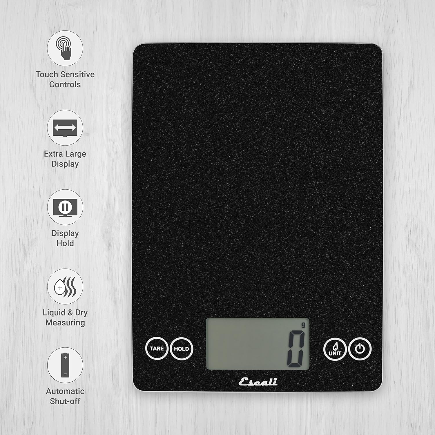 Escali Arti Glass Food Scale Digital Countertop Kitchen, Baking and Cooking Scale with Nutrition and Calorie Counter, 15-Pound Capacity, 9" x 6.5" x .75", Black
