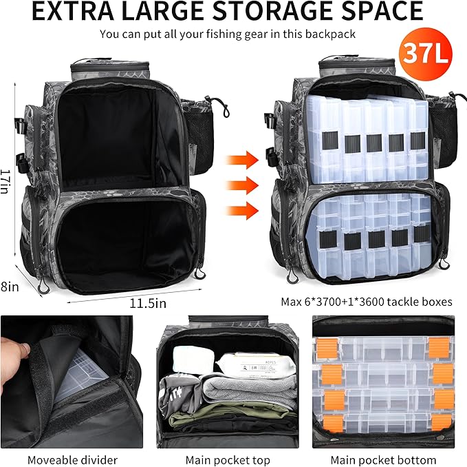 Rabjen Fishing Tackle Backpack with Rod Holders, Bottle Holder, Storage Bag Store Fishing Gear