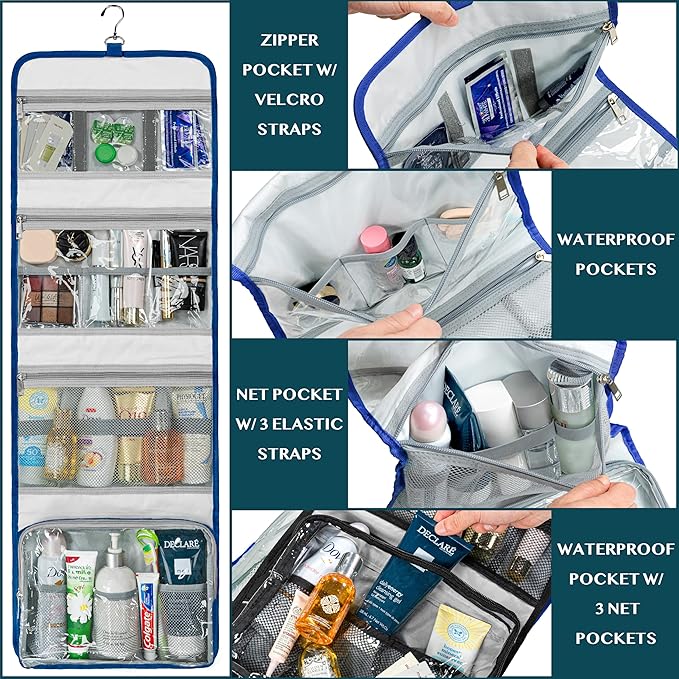 PAVILIA Travel Hanging Toiletry Bag for Women Men, Large Capacity Makeup Bag Kit, Waterproof Cosmetic Storage Organizer Case for Bathroom Shower, Black