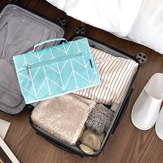 PAVILIA Hanging Toiletry Bag Women Men, Travel Kit Foldable Large Toiletries Organizer, Roll up Cosmetics Makeup Bag Accessories, Waterproof Essentials Jewelry Case (Teal Chevron)