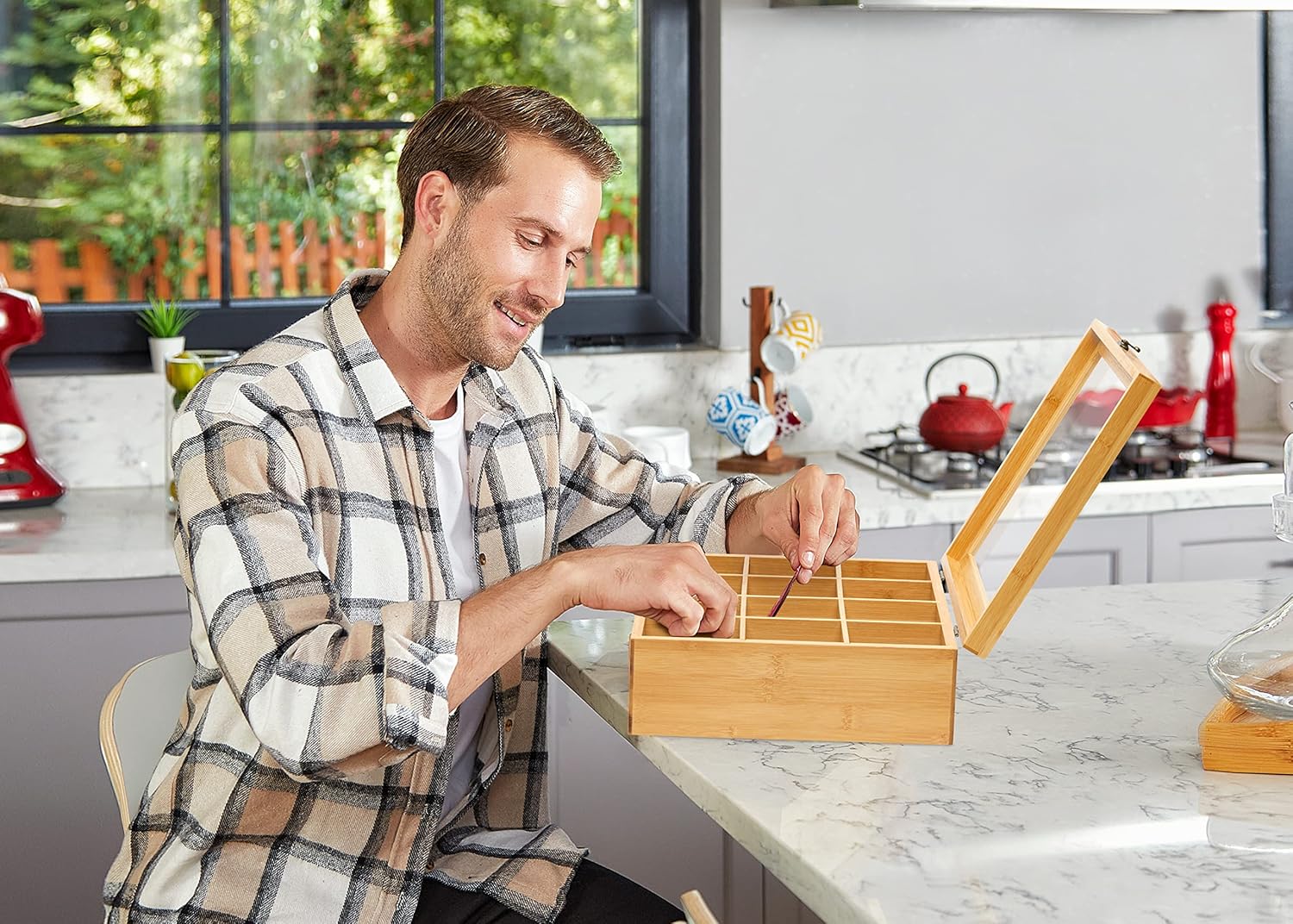 RoyalHouse Big Natural Bamboo Tea Storage Organizer with Clear Acrylic Top Window, 12 Compartments Eco-Friendly Tea Bag Holder, Multi-Functional Storage Box