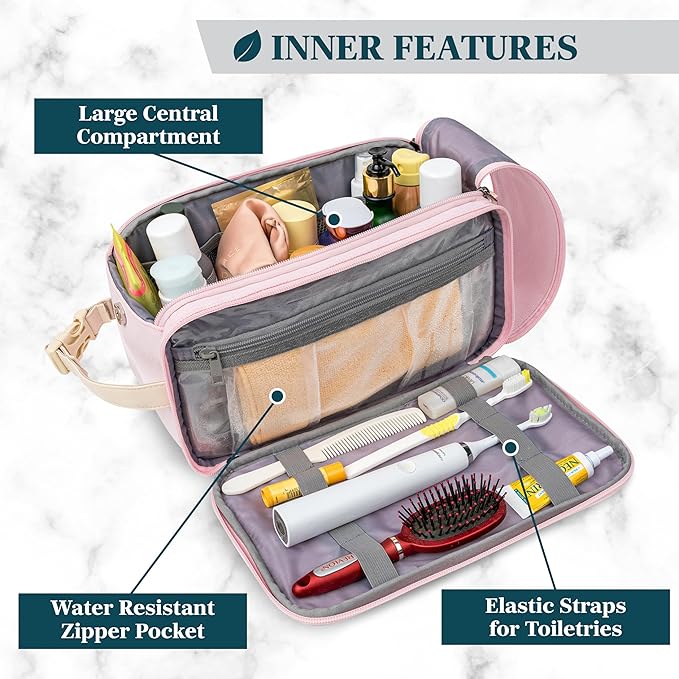 PAVILIA Toiletry Bag for Women, Canvas Travel Dopp Kit, Water Resistant Hygiene Bag Toiletries Organizer, Shaving Kit Travel Accessories Bag, Pink, Extra Large