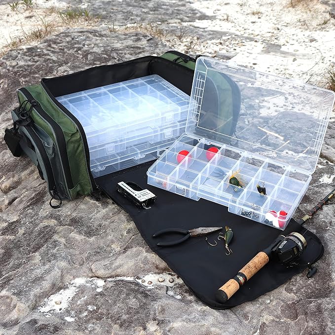 OSAGE RIVER Large Waterproof Fishing Tackle Bag with Padded Shoulder Strap, Ripstop Soft Sided Bag with Fishing Pliers Holder