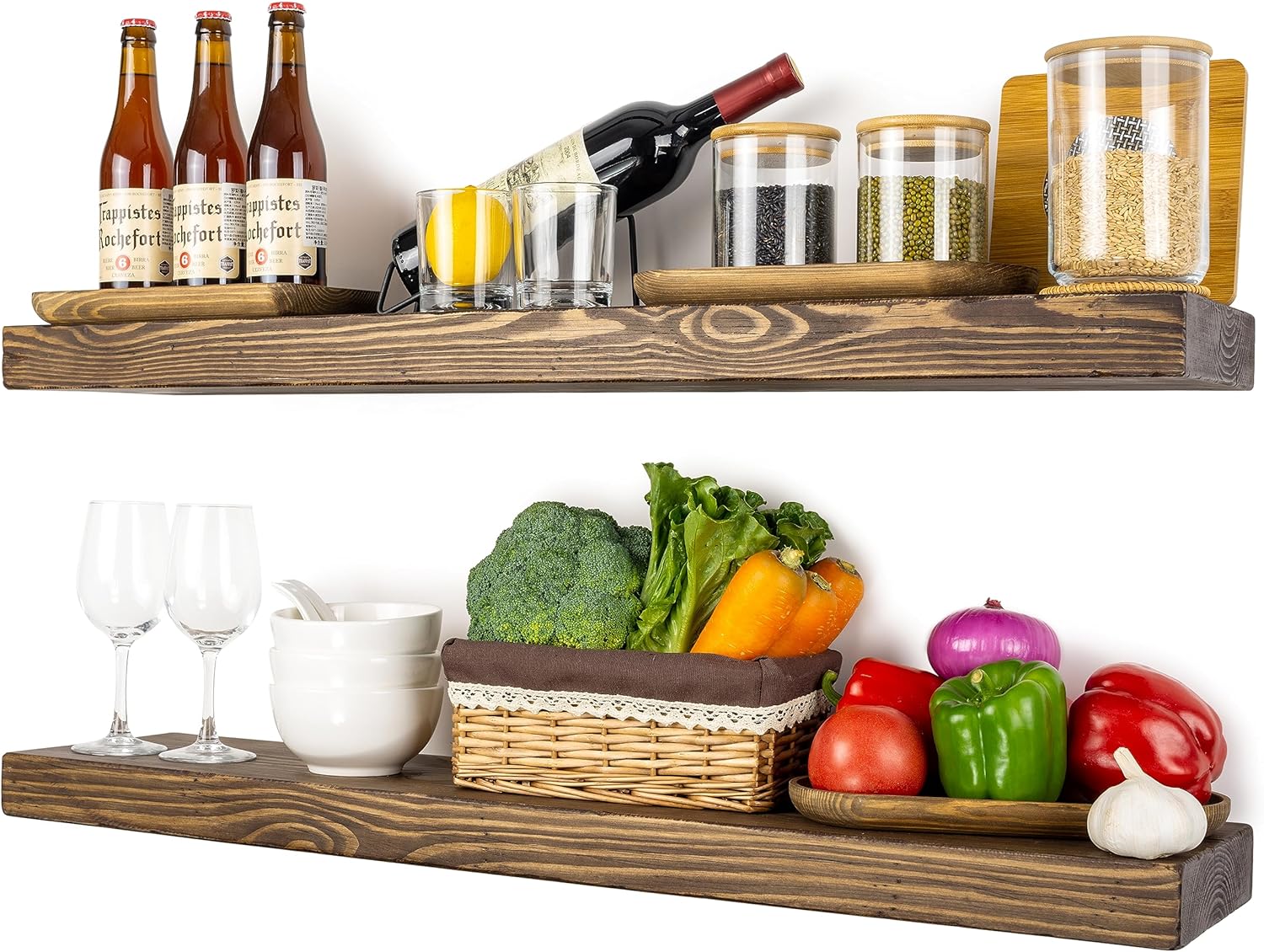 Distressed Floating Shelves 36 inch Long Set of 2,8 inch deep Solid Wood Wall Mounted Shelves for Living Room Kitchen,Book Shelf for Wall with Hidden Bracket- Distressed Black Walnut