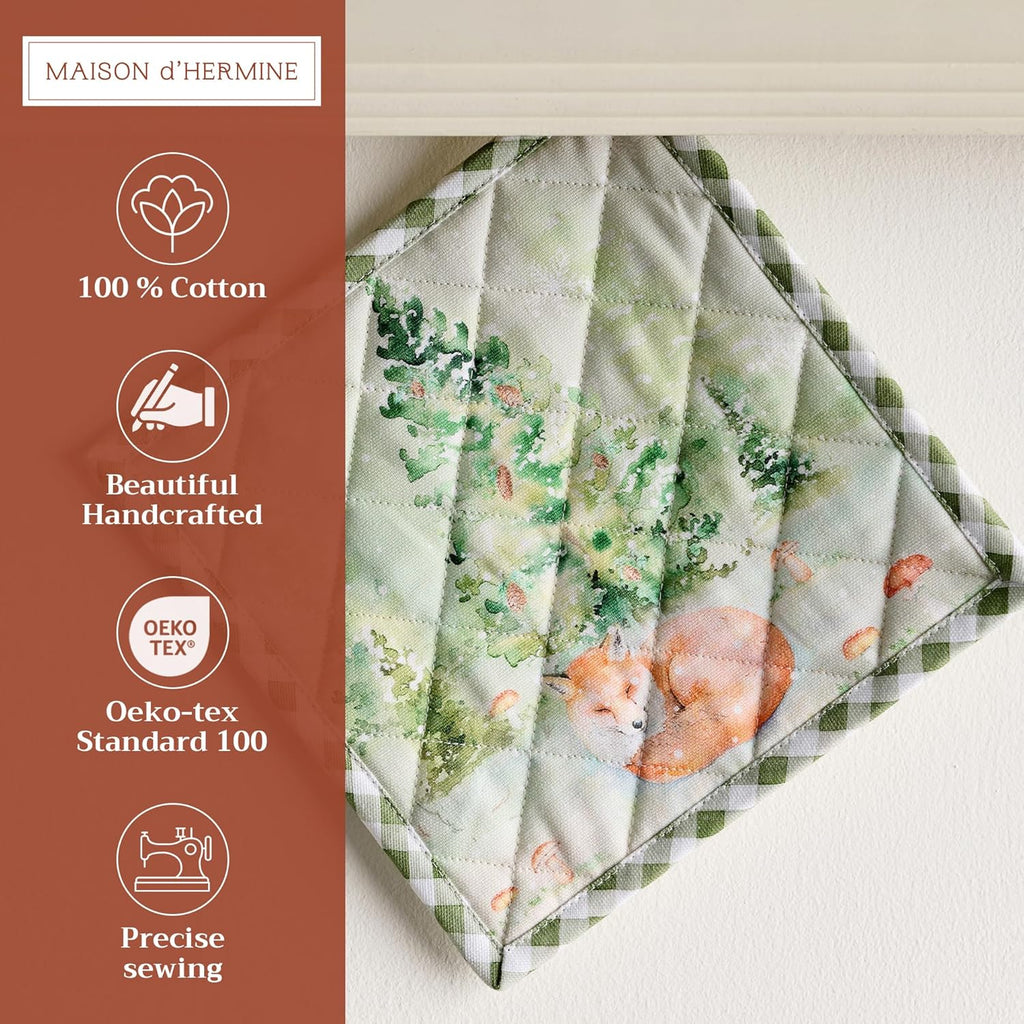 Maison d' Hermine Pot Holders Set 100% Cotton Heat Resistant Potholders 8" x 8" Hot Pads with Loop BBQ, Cooking, Baking, Grilling, Kitchen, Handling Hot Pans (Pack of 2, Winter Mornings)