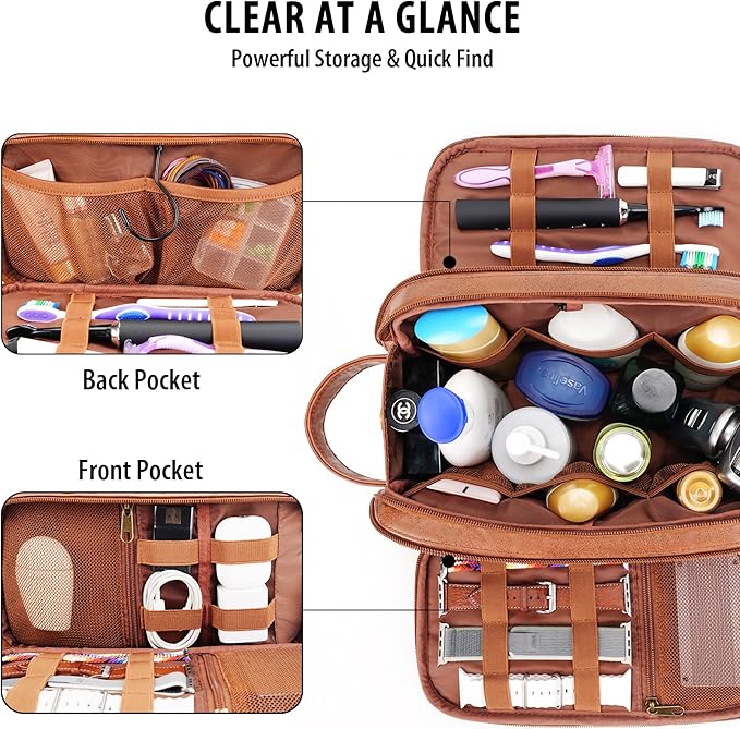 Travel Toiletry Bag for Men, Large Hanging Toiletries Organizer Bags, Cruise Ship Essentials, Water-resistant Shaving Case, PU Leather Makeup Accessories, Cosmetic Dopp Kit, Brown
