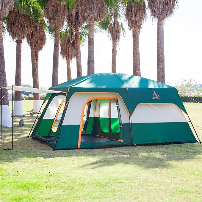 KTT Extra Large Tent 10-12-14 Person(A),Family Cabin Tents,2 Rooms,3 Doors and 3 Windows with Mesh,Straight Wall,Waterproof,Double Layer,Big Tent for Outdoor,Picnic,Camping,Family Gathering