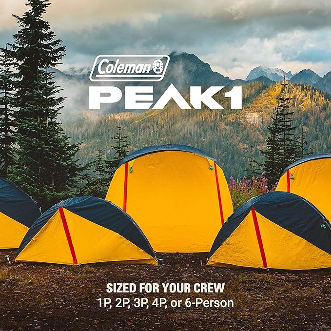 Coleman PEAK1 Premium Backpacking Tent, Waterproof Fabric with 2,000mm Waterhead Rating can Withstand Winds up to 45 MPH; Wide Door, Star View Window, & Footprint Included, 1/2/3/4/6 Person Tent