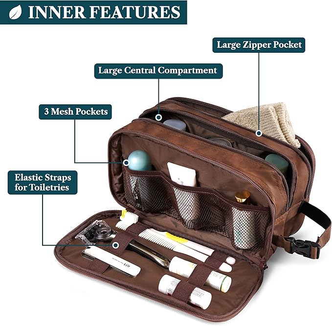 PAVILIA Toiletry Bag for Men, Travel Toiletries Bag | Water-resistant Dopp Kit, PU Leather Shaving Pouch Organizer for Accessories, Cosmetic, Hygiene, Grooming Essentials (Black)