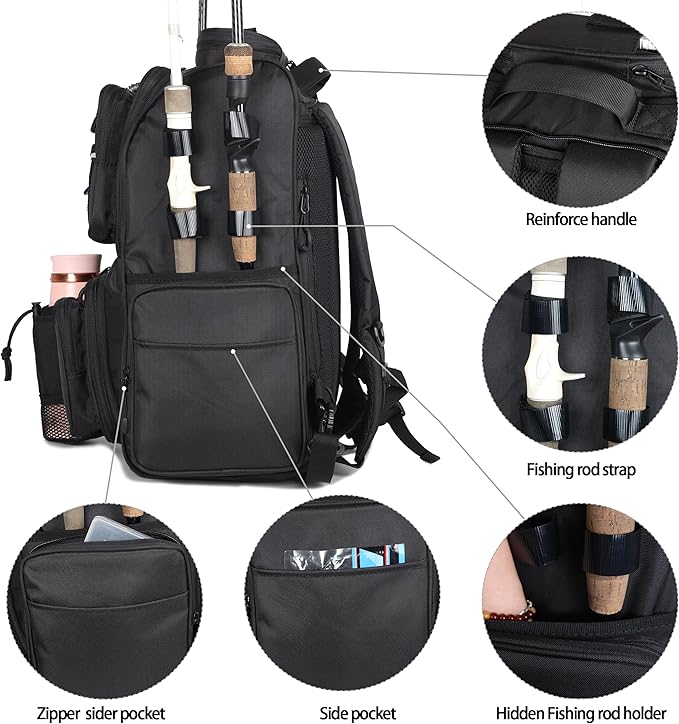 Fishing Tackle Backpack With Rod Holders, Large 40L Fishing Backpack for Camping, Hiking