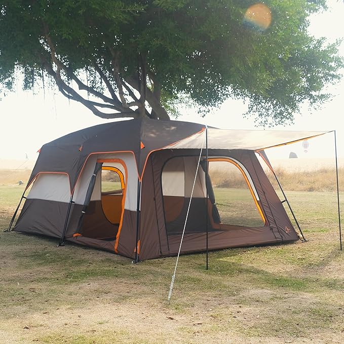 KTT Extra Large Tent 10-12-14 Person(A),Family Cabin Tents,2 Rooms,3 Doors and 3 Windows with Mesh,Straight Wall,Waterproof,Double Layer,Big Tent for Outdoor,Picnic,Camping,Family Gathering
