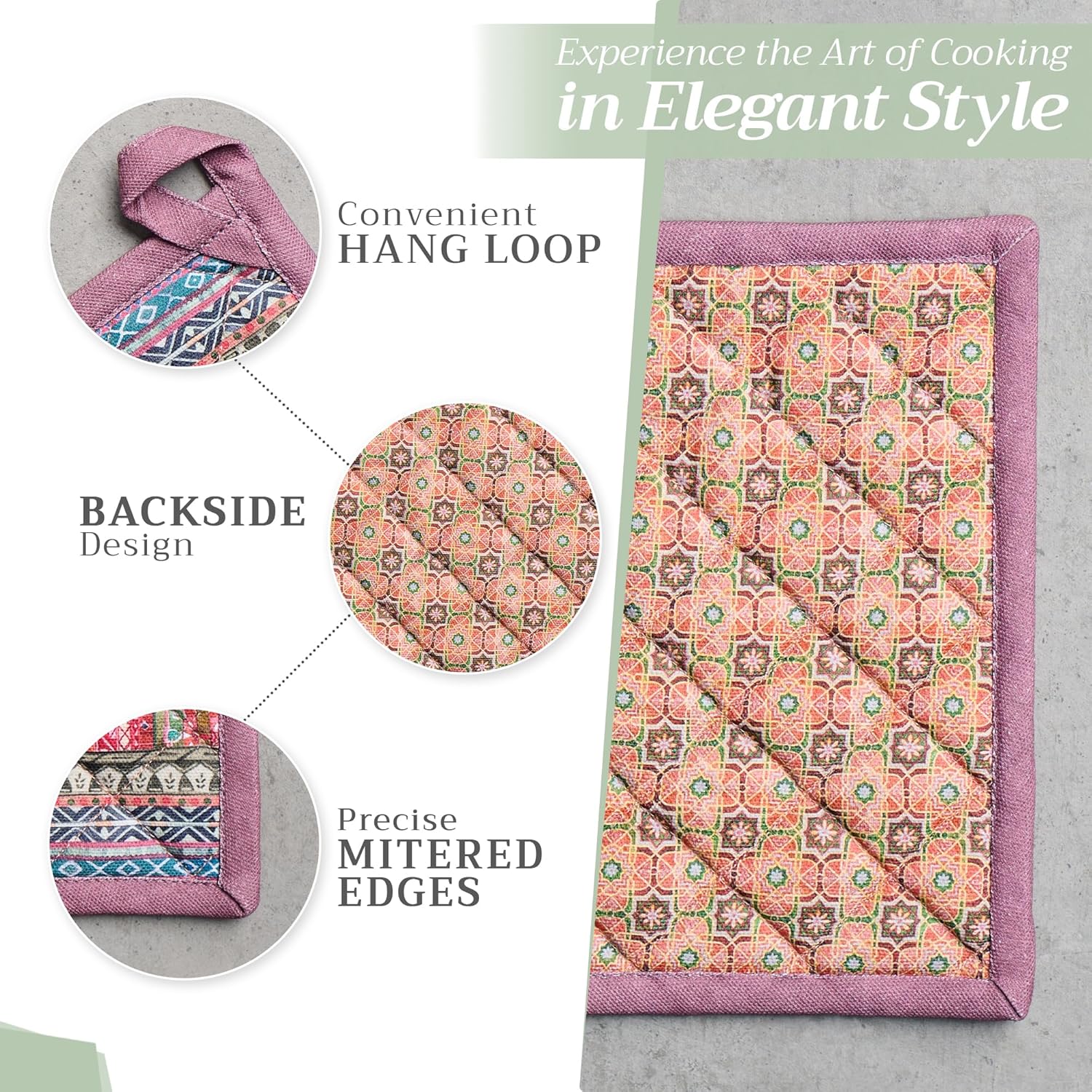 Maison d' Hermine Pot Holders Set 100% Cotton Heat Resistant Potholders 8" x 8" Hot Pads with Loop BBQ, Cooking, Baking, Grilling, Kitchen, Handling Hot Pans (Pack of 2, Ispahan)