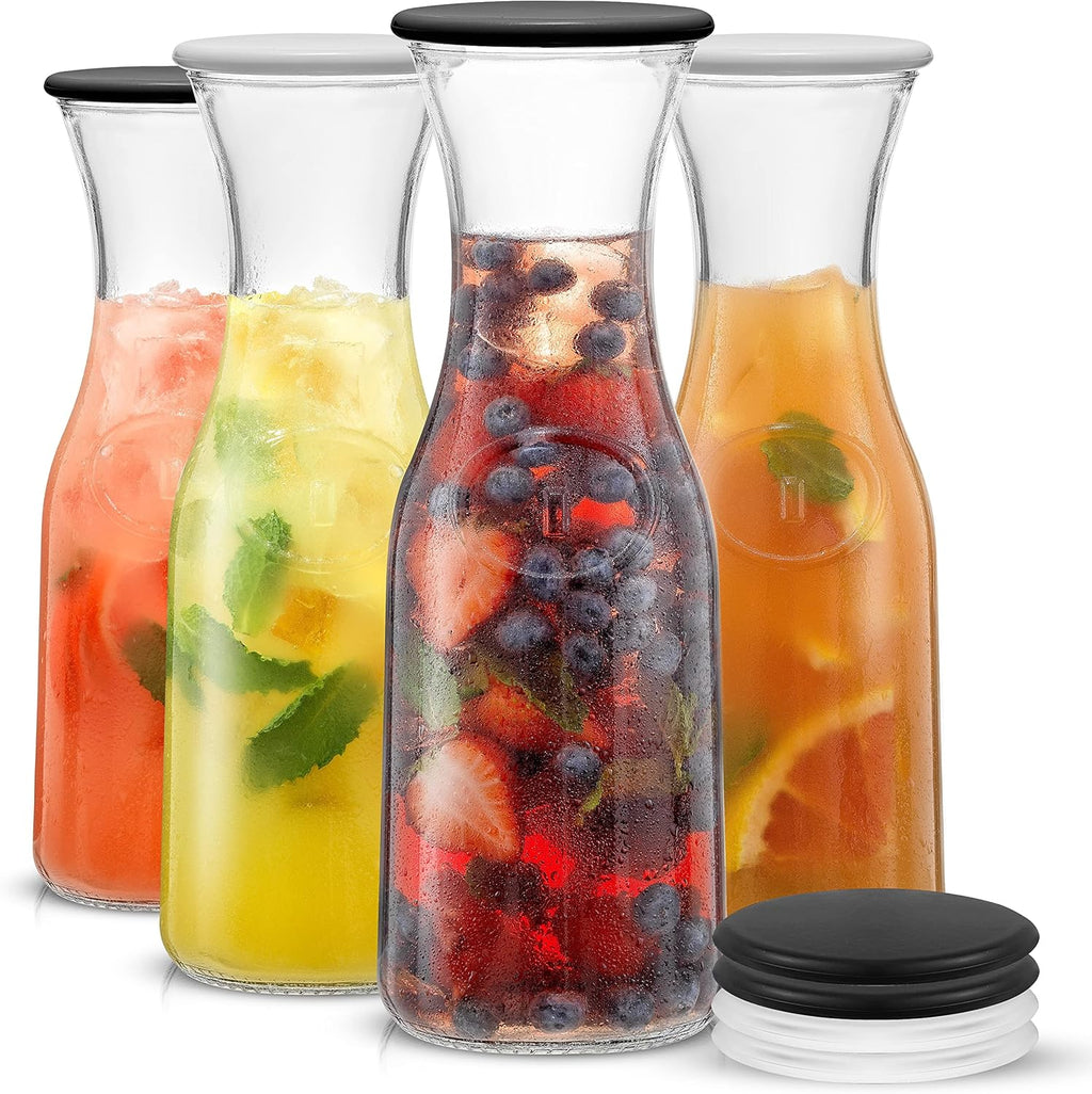 JoyJolt Glass Carafe with Lid, Set of 4 – 1 Liter Glass Pitcher for Mimosa Bar, Water, Iced Tea, Juice, Wine, Lemonade, Milk – Dishwasher Safe Beverage Drink Dispensers for Brunch, Parties