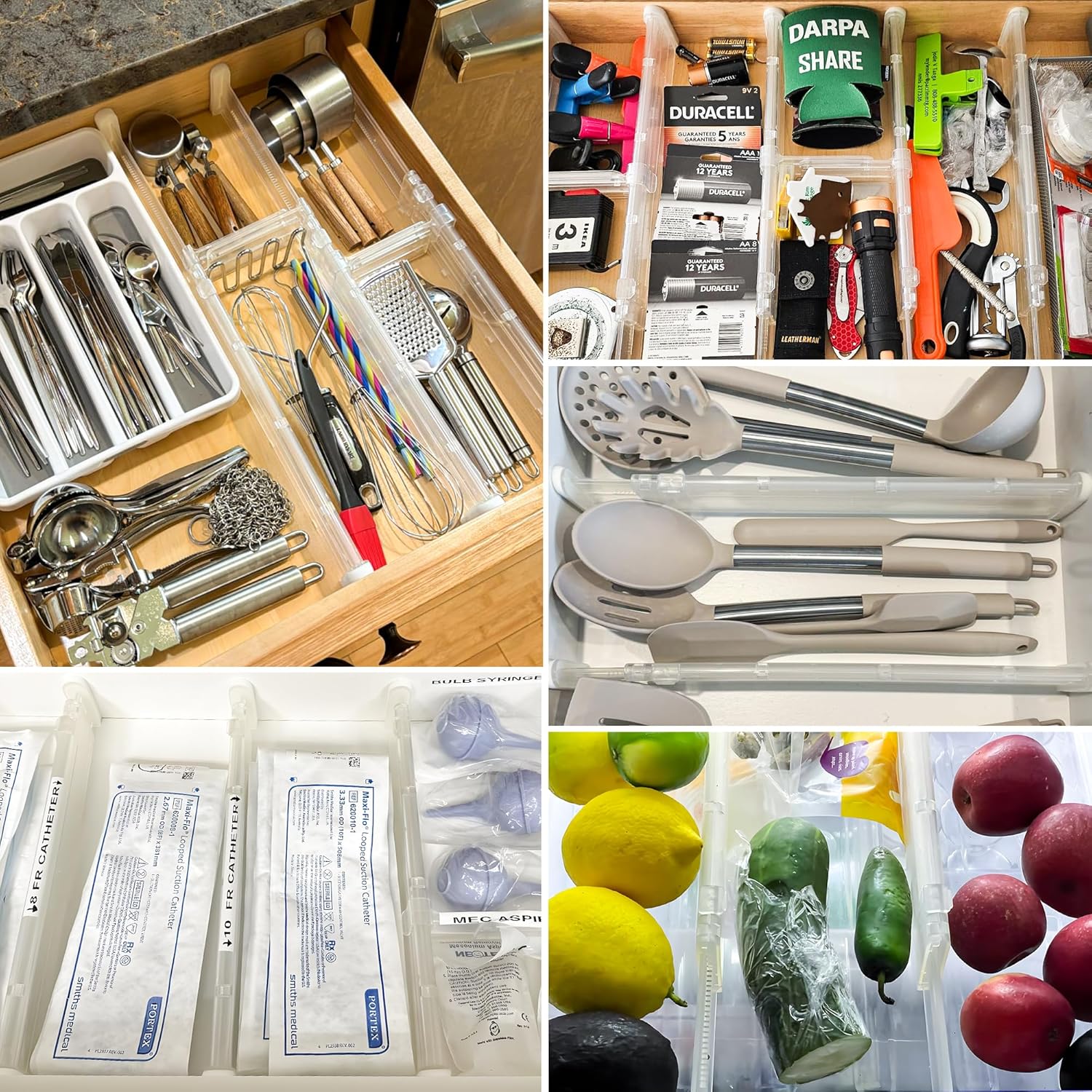 HiYZ Expandable Drawer Dividers - 12.6-22.8'' Adjustable Drawers Organizers for Kitchen Utensils, Drawer Separators in Bedroom, Dresser, Office, Bathroom, Fridge, 5 Pack Long Dividers-Clear