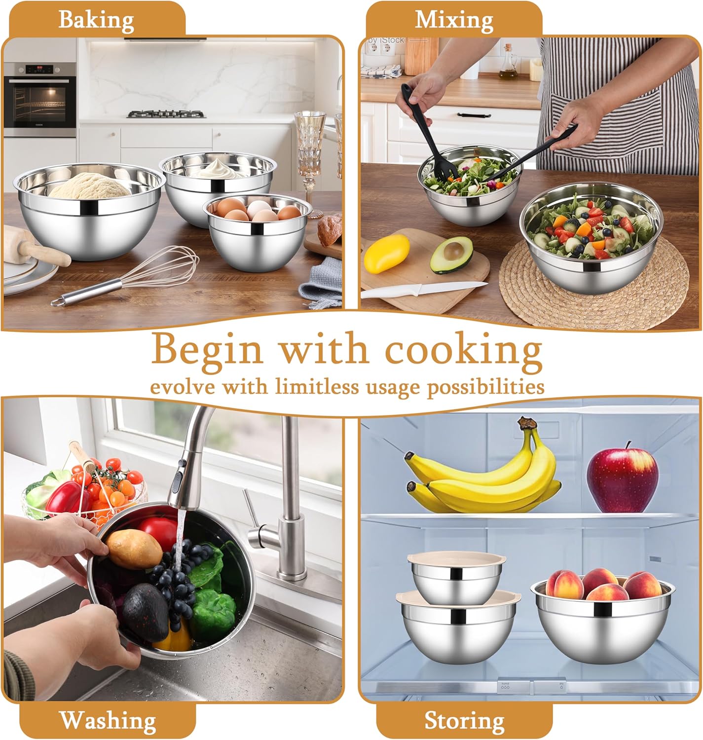 LIANYU Mixing Bowls with Airtight Lids Sets, 3 Packs Stainless Steel Metal Mixing Bowls, Ideal for Prepping, Cooking, Storage, Serving, Freezer & Dishwasher Safe, Khaki