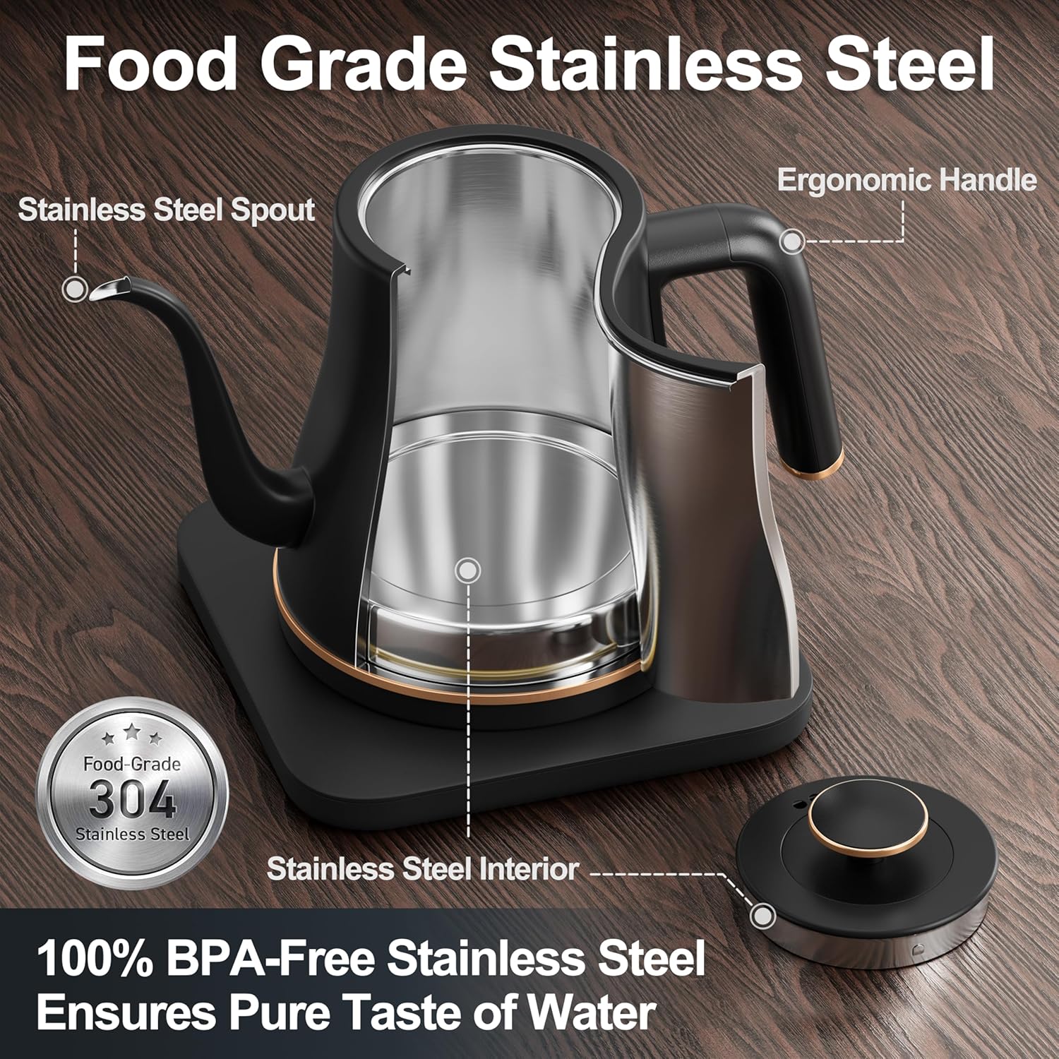 Stariver Gooseneck Electric Kettle, 0.8L Electric Tea Kettle Tea Pot, Pour Over Coffee Kettle with Stainless Steel Inner Lid & Bottom, Water Boiler with Auto Shut Off and Boil Dry Protection, Black