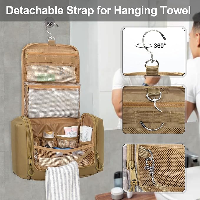 Tactical Toiletry Travel Bag for Men, Hanging Dopp Kit Hygiene Bag Shower Organizer with Hook for Toiletries and Shaving Care, Khaki (Empty Bag)