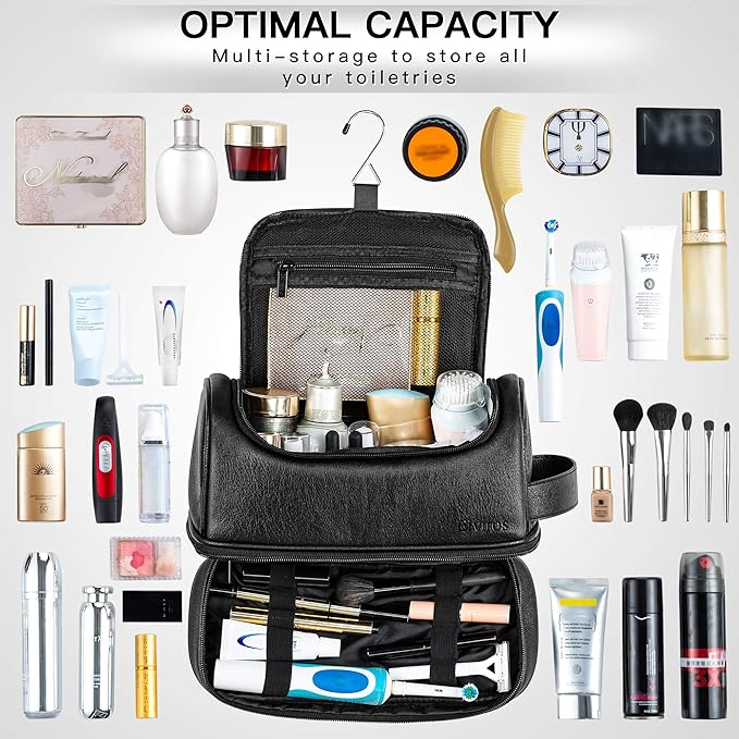 Elviros Toiletry Bag for Mens PU Leather Travel Organizer Kit with Hanging hook, Large Water-resistant Toiletries Bathroom Shaving Bags(Extra Large, Black)