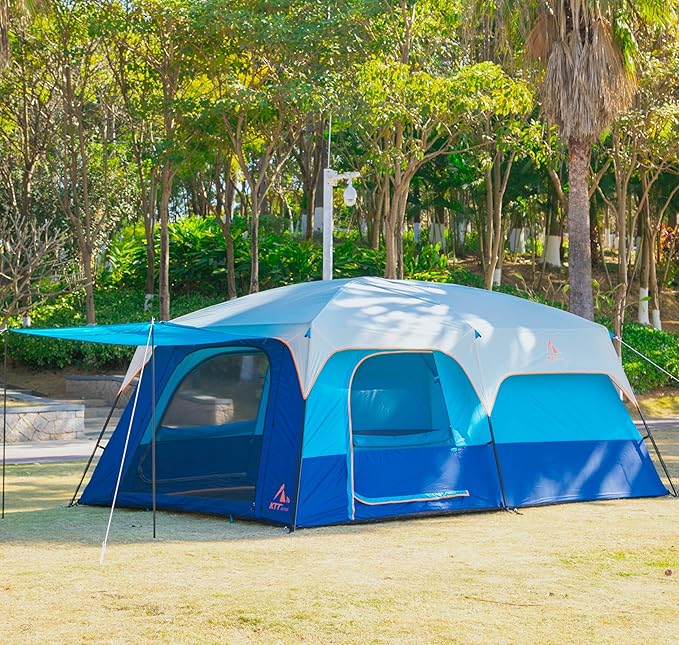 KTT Extra Large Tent 10-12-14 Person(A),Family Cabin Tents,2 Rooms,3 Doors and 3 Windows with Mesh,Straight Wall,Waterproof,Double Layer,Big Tent for Outdoor,Picnic,Camping,Family Gathering