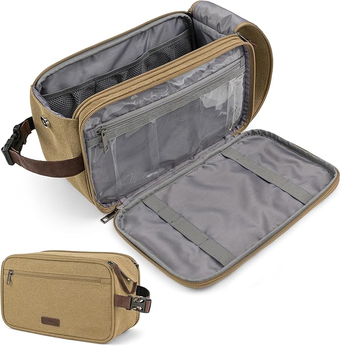 PAVILIA Toiletry Bag for Men, Canvas Travel Dopp Kit, Water Resistant Hygiene Bag Toiletries Organizer, Shaving Kit Travel Accessories Bag, Tan Khaki, Extra Large