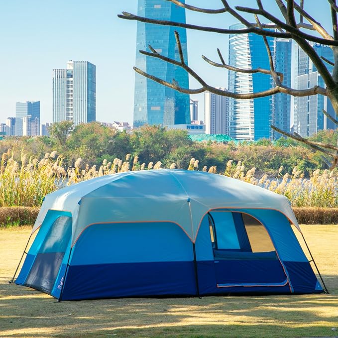KTT Extra Large Tent 10-12-14 Person(A),Family Cabin Tents,2 Rooms,3 Doors and 3 Windows with Mesh,Straight Wall,Waterproof,Double Layer,Big Tent for Outdoor,Picnic,Camping,Family Gathering