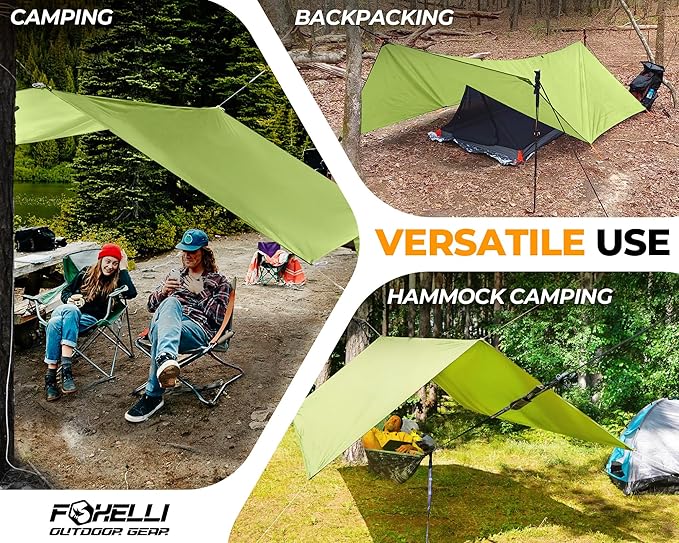Foxelli Camping Tarp - 12x10ft Waterproof Rain Tarp, Lightweight Backpacking Rainfly Shelter with Included Extra Long Guy Lines & Stakes