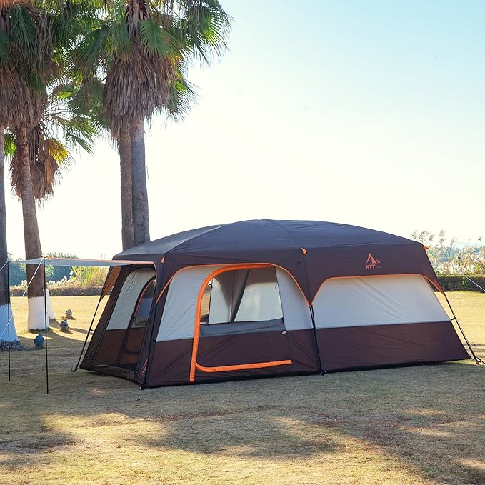 KTT Extra Large Tent 10-12-14 Person(A),Family Cabin Tents,2 Rooms,3 Doors and 3 Windows with Mesh,Straight Wall,Waterproof,Double Layer,Big Tent for Outdoor,Picnic,Camping,Family Gathering