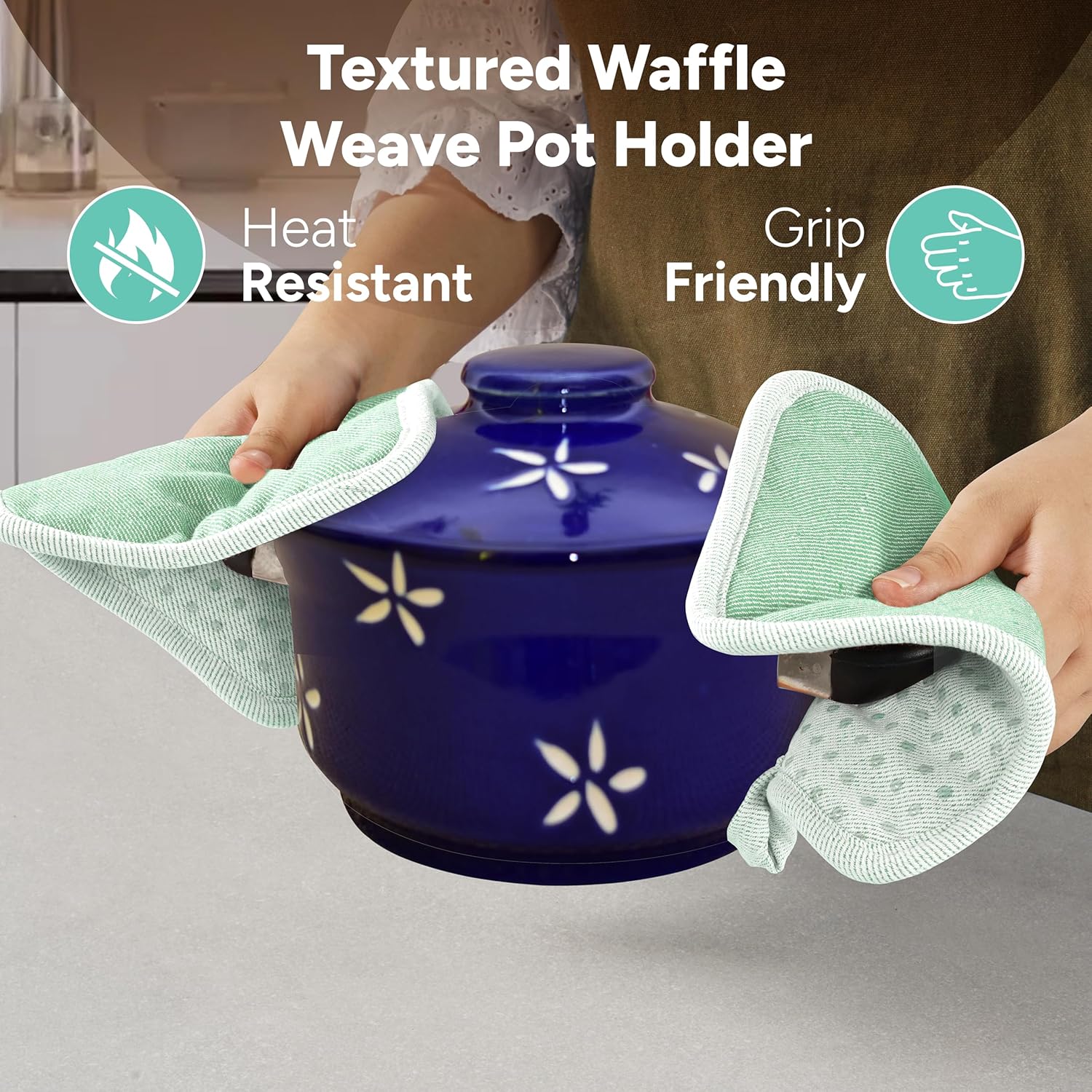 Casa Platino Heat Resistant Oven Mitts & Pot Holders, 4-Piece – Oven Mitt for Baking & BBQ, Potholders for Kitchens – Withstands Heat Up to 500°F, Soft, Durable & Non-Slip – Sage