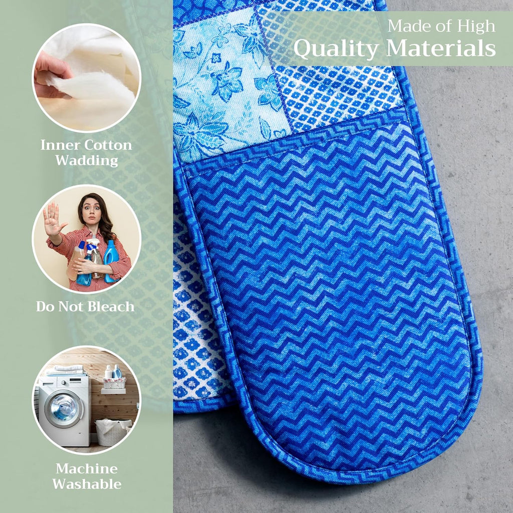Maison d' Hermine Double Oven Mitts 100% Cotton 7"x35" Double Oven Mitt Heat Resistant BBQ Cooking Gloves with Loop, Baking, Grilling, Home, Kitchen, Handling Hot Pans Spring Summer (Indigo Love)