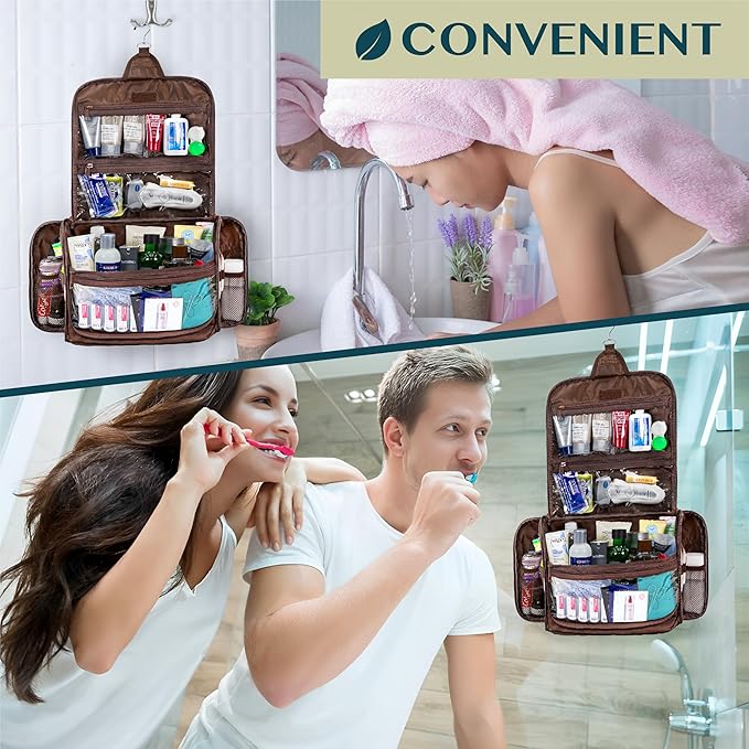 PAVILIA Large Hanging Toiletry Bag Travel Bag Women Men, PU Leather Cosmetic Organizer, Water Resistant Makeup Bag Accessories Toiletries, Travel Essentials Kit, Brown