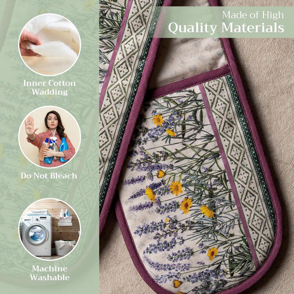 Maison d' Hermine Double Oven Mitts 100% Cotton 7"x35" Double Oven Mitt Heat Resistant BBQ Cooking Gloves with Loop, Baking, Grilling, Home, Kitchen, Handling Hot Pans Spring Summer (Fanny Lavender)