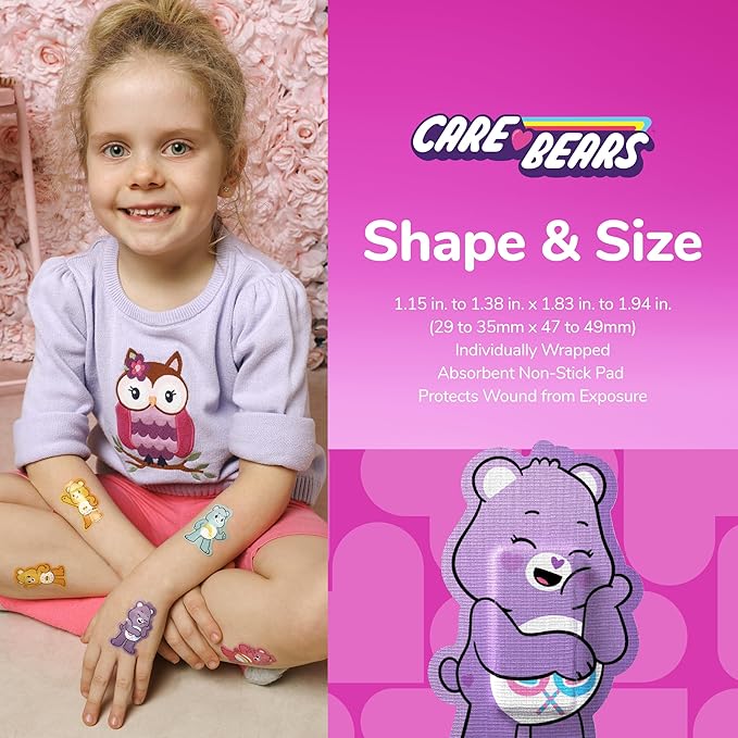 BioSwiss Care Bears Bandages, Unlock The Magic Care Bear Shaped Self Adhesive Bandage, Latex Free Sterile Wound Care, Fun First Aid Kit Supplies for Kids, 100 Count