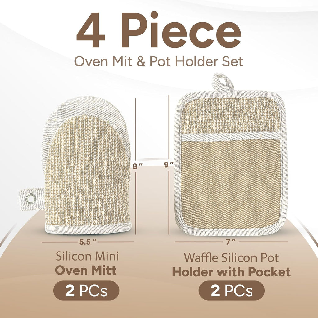 Casa Platino Mini Oven Mitts & Silicone Pot Holders, 4-Piece – Heat Resistant Gloves for Cooking & BBQ, Hot Pads for Kitchen – Withstands Up to 500°F, Non-Slip & Machine Washable – Beige
