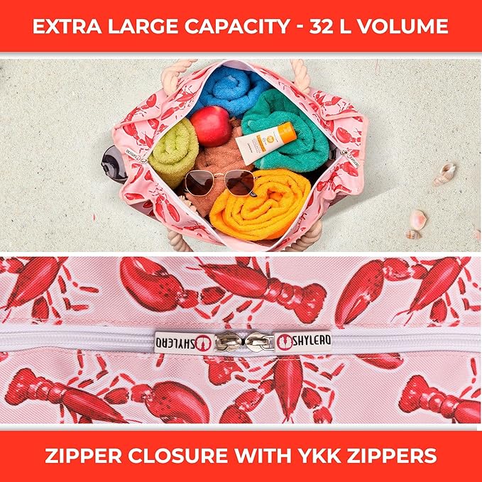 SHYLERO Beach Bag and Pool Bag. Has Airtight Pouch, Ton of Pockets. Beach Tote is Zippered, Water Resistant. Family Size