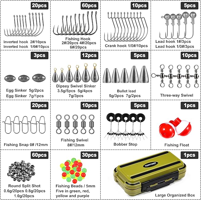 TOPFORT 187/343pcs Fishing Accessories Kit, Organized Fishing Tackle Box with Tackle Included, Fishing Hooks, Fishing Weights Sinkers, Fishing Gear and Equipment, Fishing Gift for Men