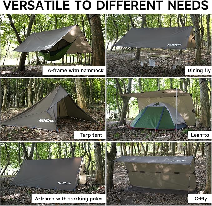 Camping Tarp by NatEtoile - Versatile 10X10 ft Portable Rain Fly for Hammock with 19 Tie-Outs,PU 5000mm Waterproof Sunproof Tarp Shelter - Ideal for Camping, Hiking, Backpacking, and Hammock Cover