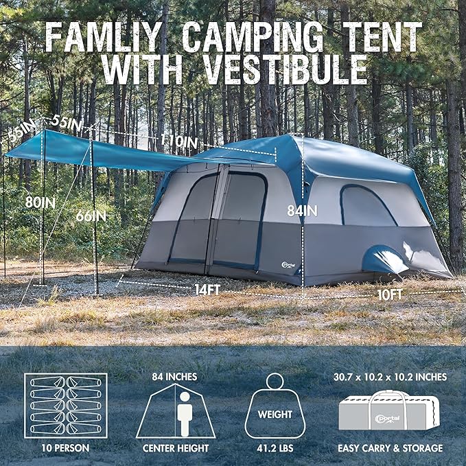 PORTAL 6 | 8 | 10 Person Family Camping Tent with Porch, Big Family Camping Tent with Tall Height, Good Ventilation, Water Resitant Large Tent for Outdoor Camping, Backyard