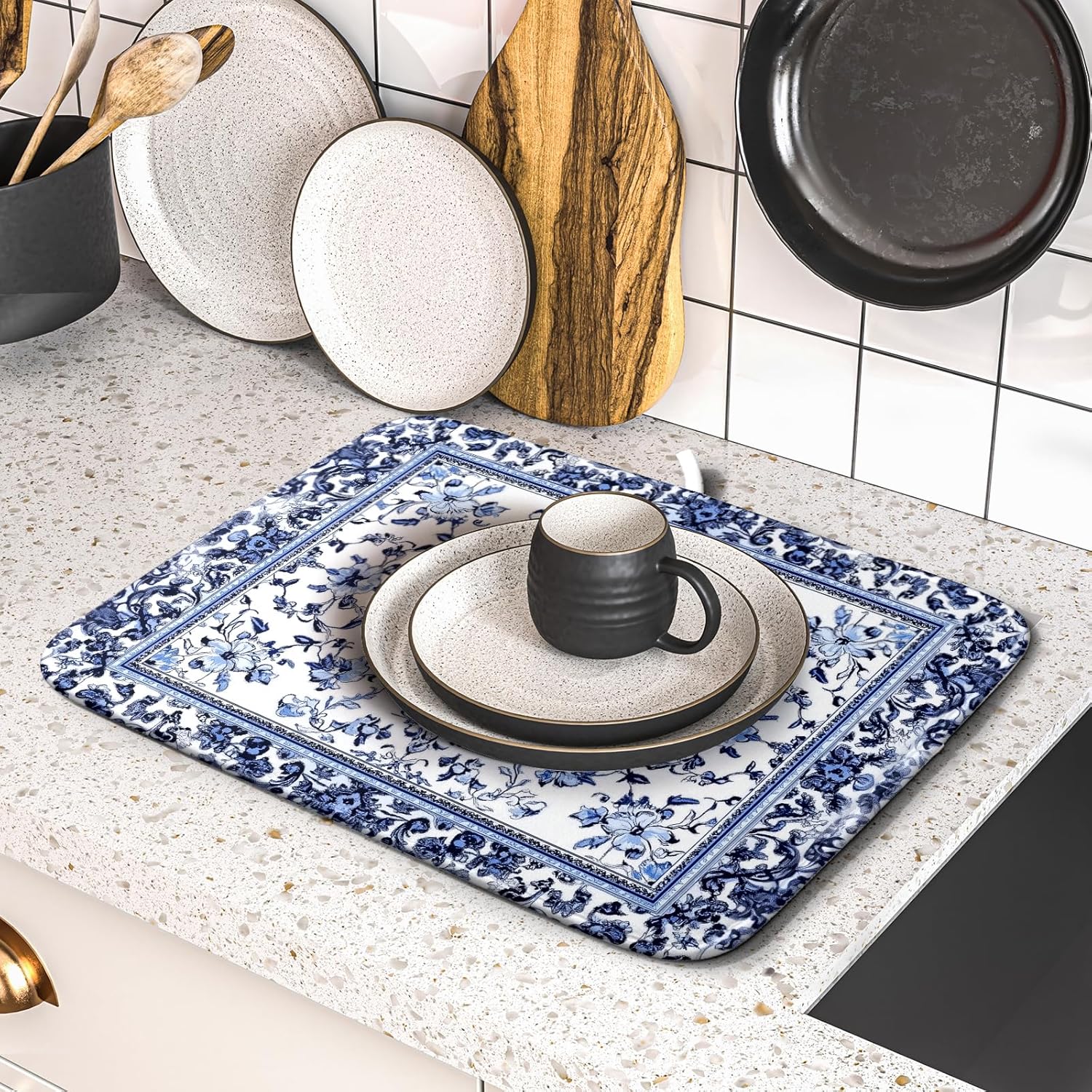 Boho Floral Dish Drying Mat 16x18 Inch Blue Leaves Kitchen Drying Pad Reversible Absorbent Dish Drainer Rack Mats Counter Tableware Decor