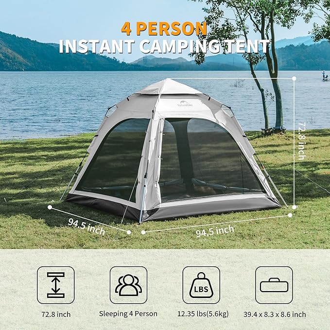 Naturehike Upgraded Ango 3-4 Person Blackout Tent,Instant Pop up Tents for Camping, Waterproof Anti-UV Camping Tent